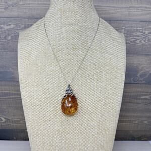 Vintage Teardrop Baltic Amber Pendant Sterling Silver 925 Necklace Signed PS